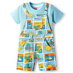 Babyhug Single Jersey Knit Dungarees & Half Sleeves T-Shirt With Tropical Theme Print - Light Blue