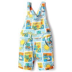 Babyhug Single Jersey Knit Dungarees & Half Sleeves T-Shirt With Tropical Theme Print - Light Blue
