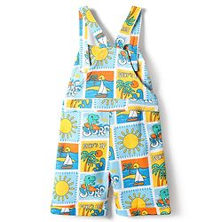 Babyhug Single Jersey Knit Dungarees & Half Sleeves T-Shirt With Tropical Theme Print - Light Blue