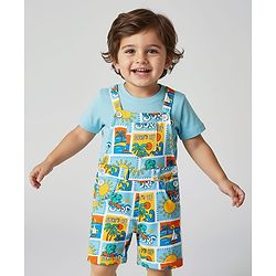 Babyhug Single Jersey Knit Dungarees & Half Sleeves T-Shirt With Tropical Theme Print - Light Blue