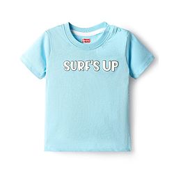 Babyhug Single Jersey Knit Dungarees & Half Sleeves T-Shirt With Tropical Theme Print - Light Blue