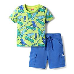 Babyhug Single Jersey Knit Half Sleeves T-Shirt & Shorts Set With Dino & Car Print - Green & Blue