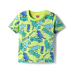 Babyhug Single Jersey Knit Half Sleeves T-Shirt & Shorts Set With Dino & Car Print - Green & Blue