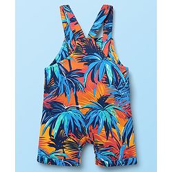 Babyhug Single Jersey Knit Half Sleeves T-Shirt & Dungaree With Tropical Print - White & Navy Blue