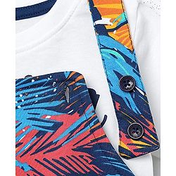 Babyhug Single Jersey Knit Half Sleeves T-Shirt & Dungaree With Tropical Print - White & Navy Blue