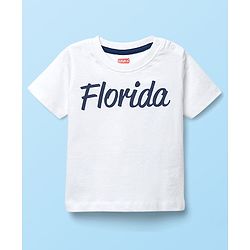 Babyhug Single Jersey Knit Half Sleeves T-Shirt & Dungaree With Tropical Print - White & Navy Blue