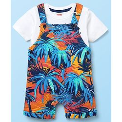 Babyhug Single Jersey Knit Half Sleeves T-Shirt & Dungaree With Tropical Print - White & Navy Blue