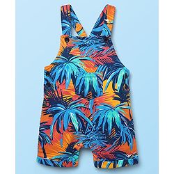 Babyhug Single Jersey Knit Half Sleeves T-Shirt & Dungaree With Tropical Print - White & Navy Blue