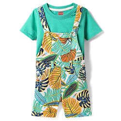 Babyhug Single Jersey Knit Tropical Print Dungarees & Half Sleeves Solid Colour Inner Tee - Sea Green