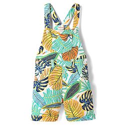 Babyhug Single Jersey Knit Tropical Print Dungarees & Half Sleeves Solid Colour Inner Tee - Sea Green