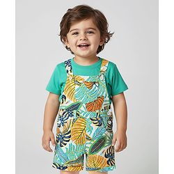 Babyhug Single Jersey Knit Tropical Print Dungarees & Half Sleeves Solid Colour Inner Tee - Sea Green