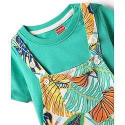 Babyhug Single Jersey Knit Tropical Print Dungarees & Half Sleeves Solid Colour Inner Tee - Sea Green