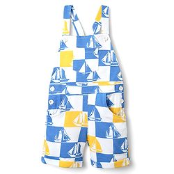 Babyhug Single Jersey Knit Half Sleeves T-Shirt & Dungaree With Boat Print - Yellow & Blue