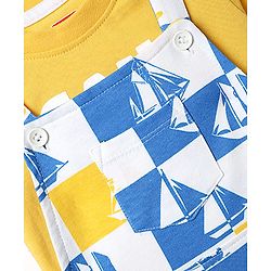 Babyhug Single Jersey Knit Half Sleeves T-Shirt & Dungaree With Boat Print - Yellow & Blue