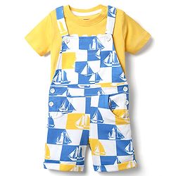 Babyhug Single Jersey Knit Half Sleeves T-Shirt & Dungaree With Boat Print - Yellow & Blue