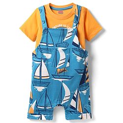 Babyhug Single Jersey Knit Nautical Theme Print Dunagaree & Half Sleeves Inner Tee - Blue
