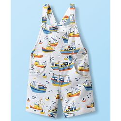 Babyhug Single Jersey Knit Dungaree & Half Sleeves T-Shirt With Boat Print - White & Yellow