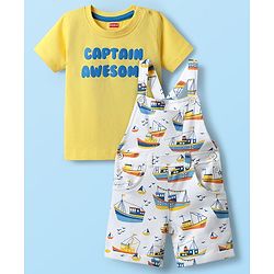 Babyhug Single Jersey Knit Dungaree & Half Sleeves T-Shirt With Boat Print - White & Yellow