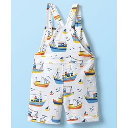Babyhug Single Jersey Knit Dungaree & Half Sleeves T-Shirt With Boat Print - White & Yellow