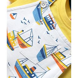 Babyhug Single Jersey Knit Dungaree & Half Sleeves T-Shirt With Boat Print - White & Yellow