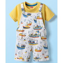Babyhug Single Jersey Knit Dungaree & Half Sleeves T-Shirt With Boat Print - White & Yellow