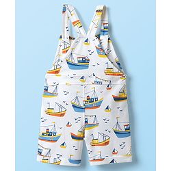 Babyhug Single Jersey Knit Dungaree & Half Sleeves T-Shirt With Boat Print - White & Yellow