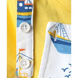 Babyhug Single Jersey Knit Dungaree & Half Sleeves T-Shirt With Boat Print - White & Yellow