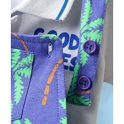 Babyhug Single Jersey Knit Dungaree & Half Sleeves Polo Inner Tee With Tree Print - Blue & White