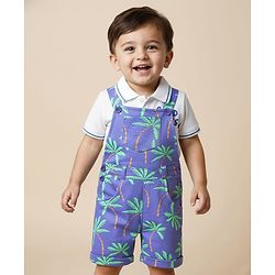 Babyhug Single Jersey Knit Dungaree & Half Sleeves Polo Inner Tee With Tree Print - Blue & White