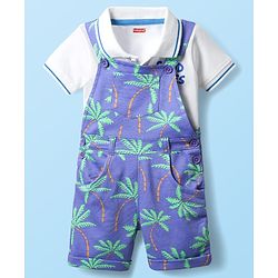 Babyhug Single Jersey Knit Dungaree & Half Sleeves Polo Inner Tee With Tree Print - Blue & White