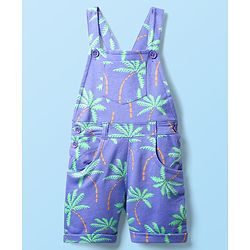 Babyhug Single Jersey Knit Dungaree & Half Sleeves Polo Inner Tee With Tree Print - Blue & White
