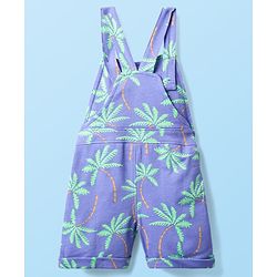 Babyhug Single Jersey Knit Dungaree & Half Sleeves Polo Inner Tee With Tree Print - Blue & White
