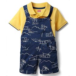 Babyhug Single Jersey Knit Half Sleeves Polo T-Shirt & Dungaree With Beach Theme Print - Yellow & Blue