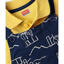 Babyhug Single Jersey Knit Half Sleeves Polo T-Shirt & Dungaree With Beach Theme Print - Yellow & Blue