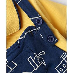 Babyhug Single Jersey Knit Half Sleeves Polo T-Shirt & Dungaree With Beach Theme Print - Yellow & Blue
