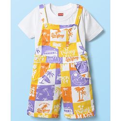Babyhug Single Jersey Knit Half Sleeves T-Shirt & Dungaree With Beach Theme Print - Yellow & White