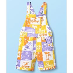 Babyhug Single Jersey Knit Half Sleeves T-Shirt & Dungaree With Beach Theme Print - Yellow & White