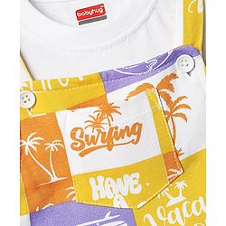 Babyhug Single Jersey Knit Half Sleeves T-Shirt & Dungaree With Beach Theme Print - Yellow & White