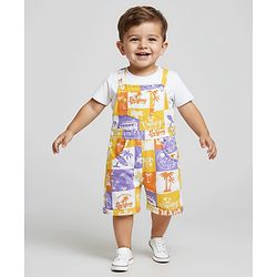 Babyhug Single Jersey Knit Half Sleeves T-Shirt & Dungaree With Beach Theme Print - Yellow & White
