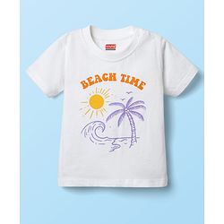 Babyhug Single Jersey Knit Half Sleeves T-Shirt & Dungaree With Beach Theme Print - Yellow & White