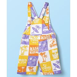Babyhug Single Jersey Knit Half Sleeves T-Shirt & Dungaree With Beach Theme Print - Yellow & White