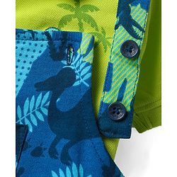 Babyhug Single Jersey Knit Dungaree & Half Sleeves Polo Inner Tee With Dino Print - Blue & Green