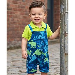 Babyhug Single Jersey Knit Dungaree & Half Sleeves Polo Inner Tee With Dino Print - Blue & Green