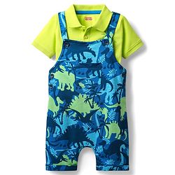 Babyhug Single Jersey Knit Dungaree & Half Sleeves Polo Inner Tee With Dino Print - Blue & Green