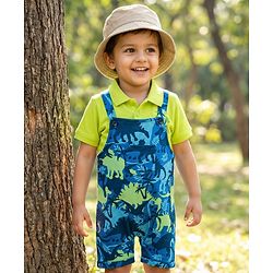 Babyhug Single Jersey Knit Dungaree & Half Sleeves Polo Inner Tee With Dino Print - Blue & Green