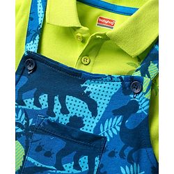 Babyhug Single Jersey Knit Dungaree & Half Sleeves Polo Inner Tee With Dino Print - Blue & Green