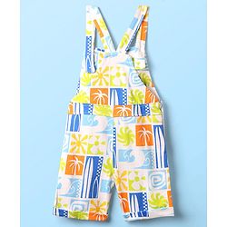Babyhug Single Jersey Knit Dungaree & Half Sleeves T-Shirt With Tropical Theme Print - White & Green