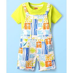 Babyhug Single Jersey Knit Dungaree & Half Sleeves T-Shirt With Tropical Theme Print - White & Green