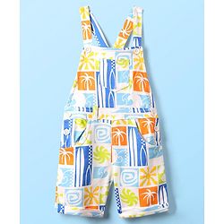 Babyhug Single Jersey Knit Dungaree & Half Sleeves T-Shirt With Tropical Theme Print - White & Green