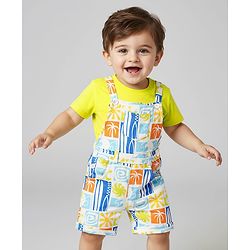 Babyhug Single Jersey Knit Dungaree & Half Sleeves T-Shirt With Tropical Theme Print - White & Green